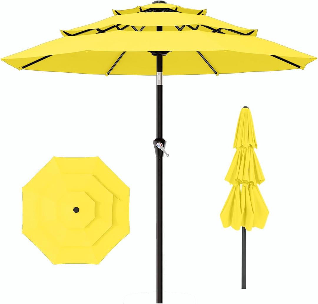 AreShark 9ft 3-Tier Patio Umbrellas, Outdoor Umbrella with 8 Sturdy Ribs UV Protection Windproof, Market Table Umbrella w/Push Button Tilt & Crank for Pool, Porch, Deck, Garden(Yellow)