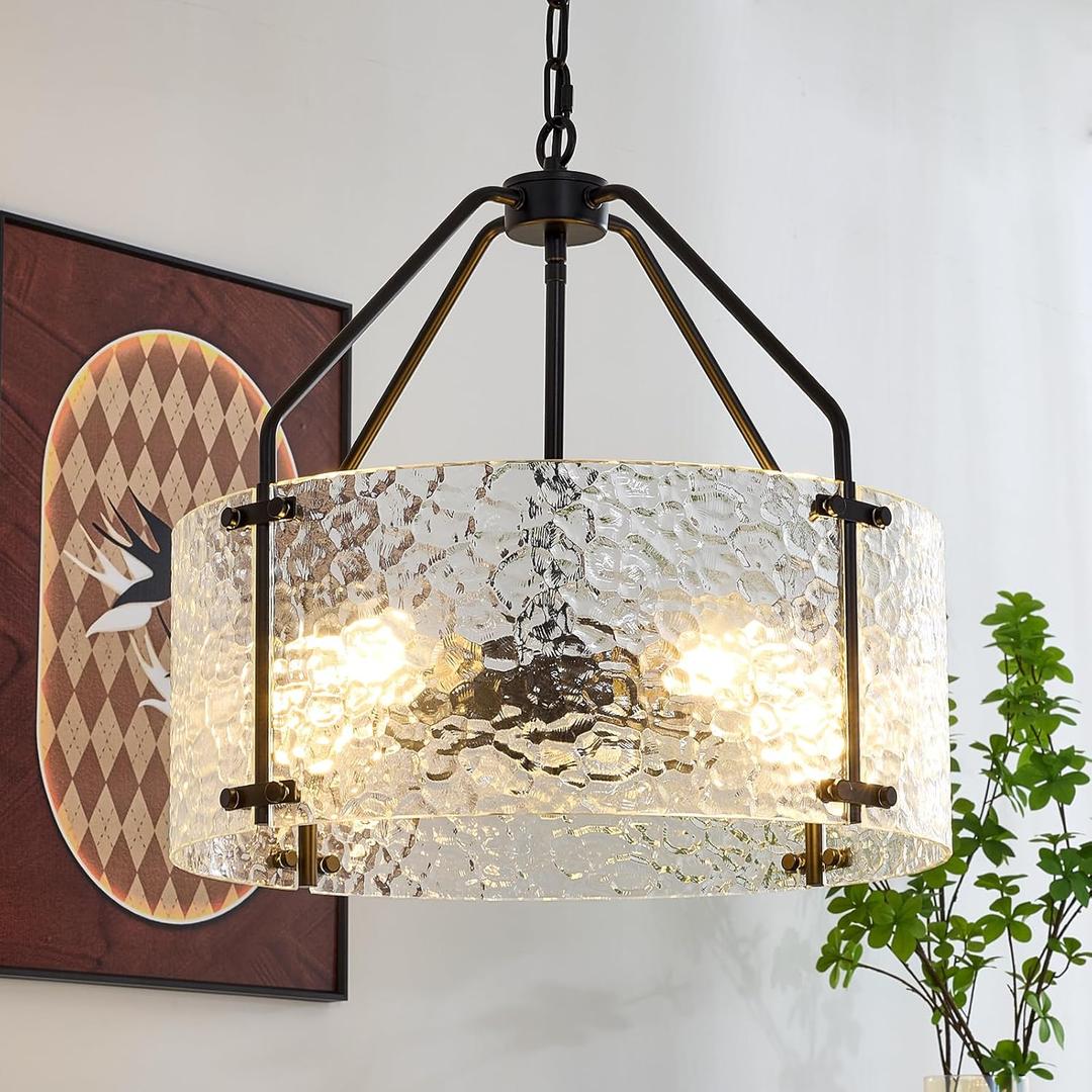 Modern Chandeliers for Dining Room - 18''Glass Drum Chandelier Black5-Light Kitchen Chandeliers Over Table Bedroom LightFixture for Living Room