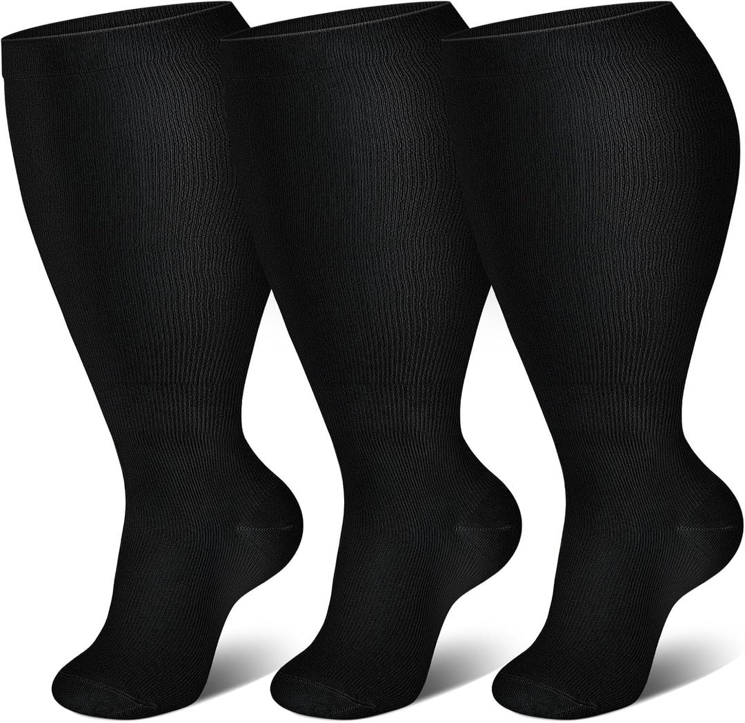 Genovega 3 Packs Wide Calf Compression Socks for Women Men Knee Hight S/M-4XL for Gifts (Block Color-black)