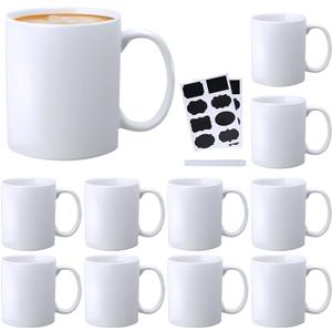 Ceramic Coffee Mug,White Tea Mug,Classic Drinking Cups with Handle,11 OZ Cups Set of 12, for Hot or Cold Drinks like Cocoa, Milk, Tea or Water(Labels)