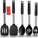 Silicone Spatula and Cooking Spoon,5 Pack Non-Stick Cooking Utensils for KitchenHeat Resistant Solid & Slotted Spoons and Spatulas, Stainless Steel Handle Coated with Silicone, Black