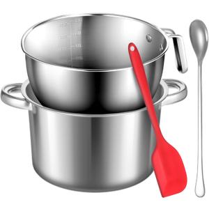 304 Stainless Steel Double Boiler with Spatula and Spoon, 4.2QT Dual-Handle Pot 2.6QT Melting Bowl with Scale and Handle Stackable Water Bath Melting Pot Set for Chocolate, Butter, Sugar, Wax