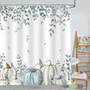 Pumpkin Fall Shower Curtains for Bathroom, Eucalyptus Leaves Watercolor Pumpkins Shower Curtain Sets, Autumn Botanical Seasonal Bathroom Decor Bathtub Waterproof Polyester Fabric with Hooks, 72x72