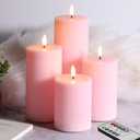 Pink Ribbed Flameless Pillar Candles with Remote, Flat Top Flickering LED Wax Battery Candles Set of 4,  3" H 4" 5" 6" 8"