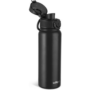 GOPPUS 20 Oz Insulated Stainless Steel Water Bottle BPA-Free Sports Water Bottle, Great for Travel, with Chug Lid - Leak & Sweat Proof with Anti-Dust Lid (Black)