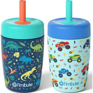 Fimibuke Kids & Toddler Cups Spill Proof, 12 OZ Insulated Sippy Cups for Toddlers Boys Girls, BPA-Free Toddler Straw Tumbler, Stainless Steel Kids Water Bottle with Twist Lids & Silicone Straw, 2 Pack (Dinosaur & Monster Trucks)
