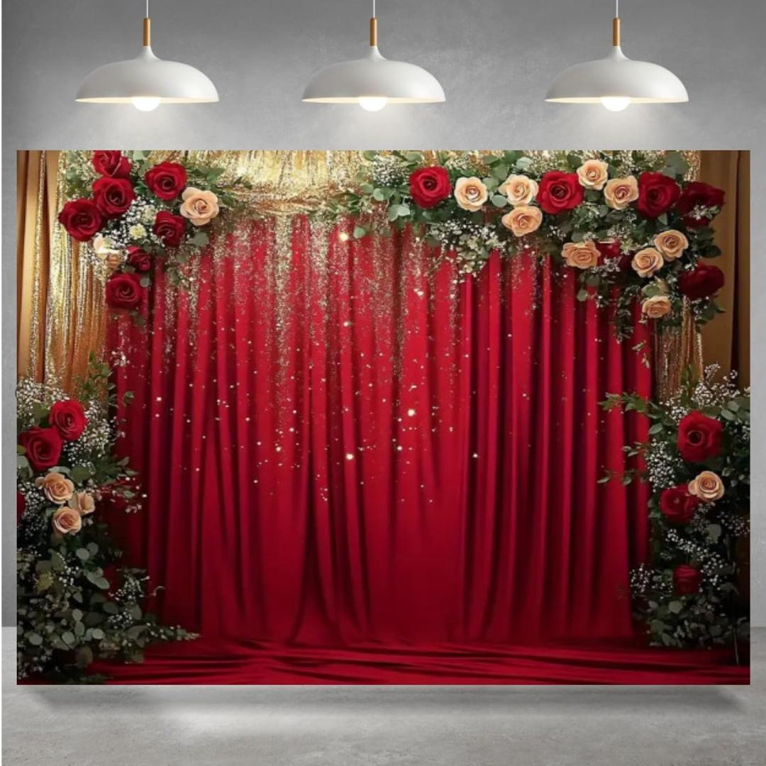 Red Rose and Gold Glitter Background Banner for Photo Booth, Birthday, Anniversary, Wedding (9x6FT)