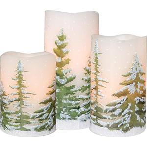 Eldnacele Green Tree Christmas Decor Flameless Flickering Candles with Automatical Daily Timers, Battery Operated LED Candles Real Wax Decals Pack 3 Tiered Pillars 3 x 4 5 6 Inches