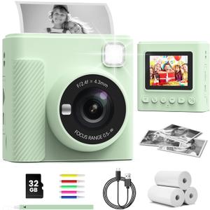 Kids Instant Print Camera, Christmas Birthday Gifts for Girls and Boys, 1080P HD Video Digital Kids Camera with Print Paper & 32G Card, Toddler Toy for 3-14 Years Old (Green)