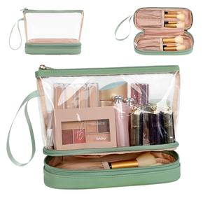 Ethereal Clear Makeup Bag, Green TSA Approved Toiletry Bag with Brushes Compartment Small Travel Make up Bags for Women