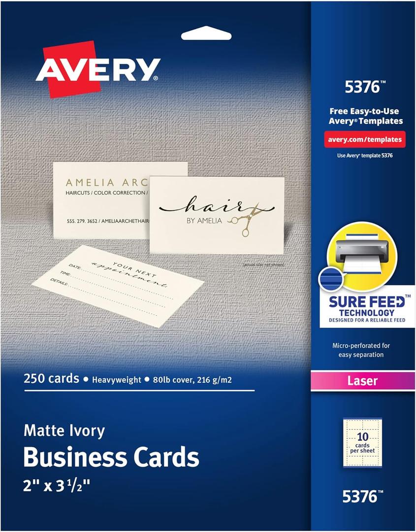 Avery Printable Business Cards with Sure Feed Technology, 2" x 3.5", Ivory, 250 Blank Cards for Laser Printers (05376) (One Size)