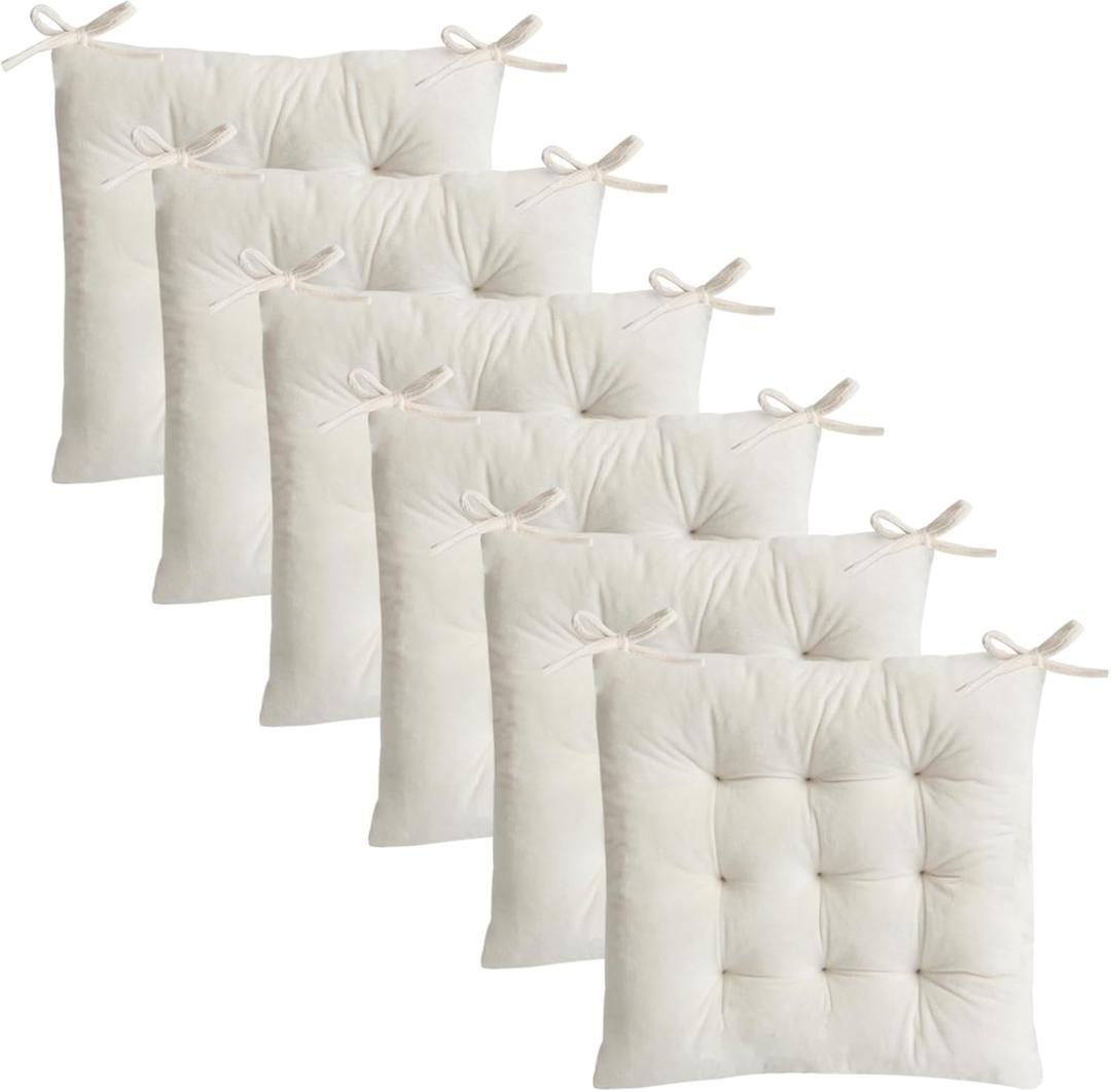 MissSoul 6 Pack Square Seat Cushion Chair Pads for Kitchen Dining Chairs, Soft Comfort Velvet Chair Mat Pillow Cushions with Ties for Office Desk Living Room Tatami 15.5", Ivory