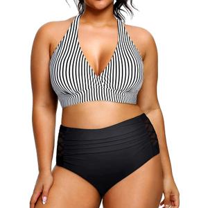 Yonique Womens Two Piece Plus Size Halter Bikini Swimsuits Tummy Control Bathing Suits High Waisted Swimwear (20 Plus, Black and Stripe)