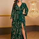 Women's Plus Sized Long-Sleeved Sequined Dress V-Neck Design high Slit Oversized Skirt Formal Ball Gown Party Evening Dress (Green, XXXL)