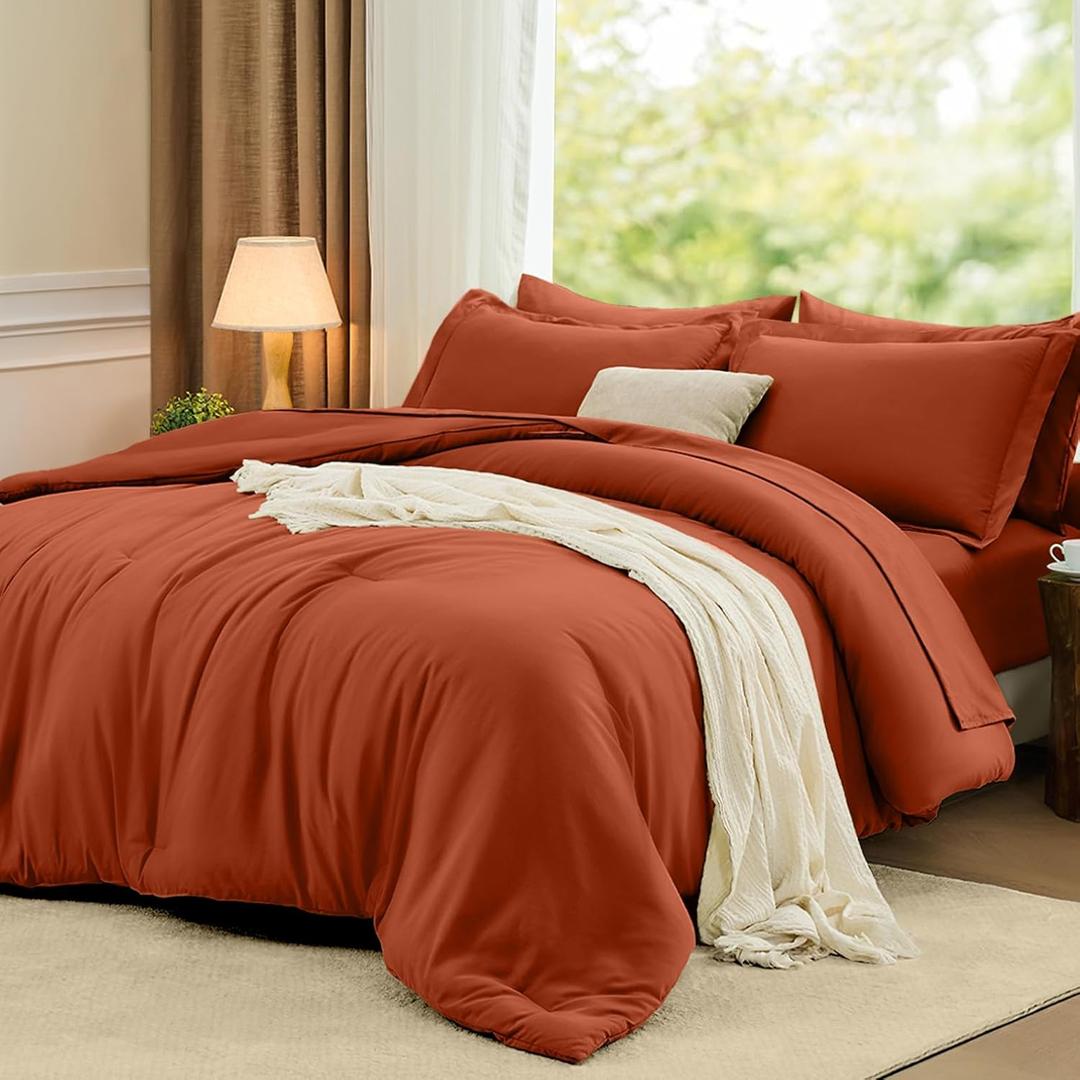  Queen Comforter Set Burnt Orange, 7 Pieces Soft Bedding Sets Queen Size, All Season Lightweight Bed in a Bag with Comforter, Flat Sheet, Fitted Sheet, Pillowcases & Shams