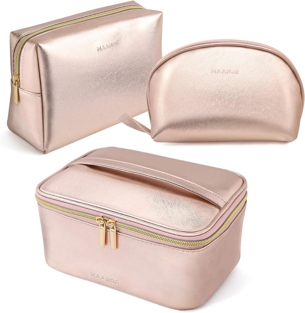 MAANGE 3 Pcs Makeup Bag Portable Travel Cosmetic Bag Large Makeup Bag Organizer with Gold Zipper Waterproof Toiletry Bags for Women and Girls(Rose Gold)