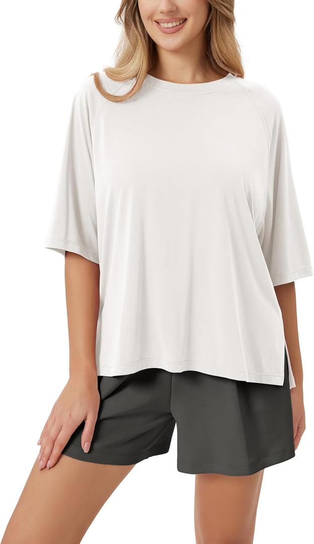 ODODOS Women's Side Split Tee Modal Soft Raglan Short Sleeve, Relaxed Fit Casual Lounge T-Shirts Yoga Tops, White, Large (White, L)