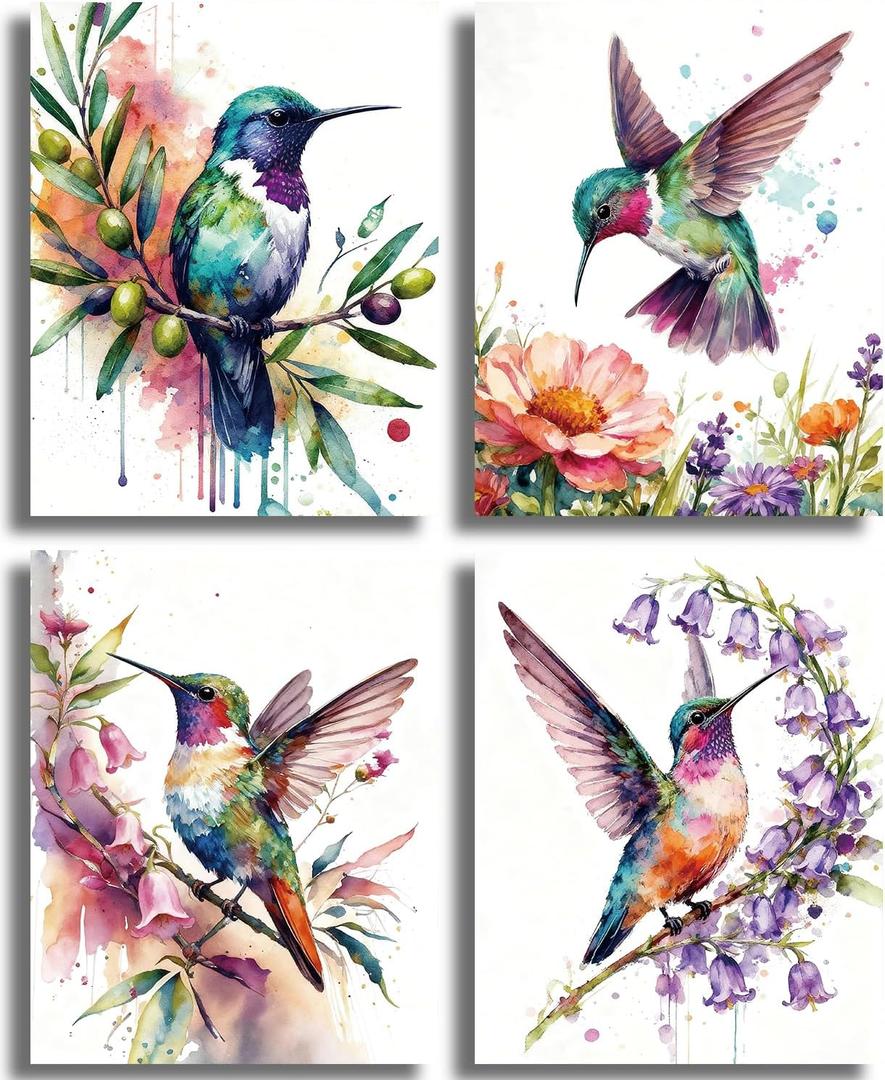 NIIORE 4 Piece Watercolor Hummingbird Wall Art Set, Boho Floral Bird Nature Canvas Prints Posters for Living Room Bedroom Bathroom Home Decor, 8x10 Inch Unframed