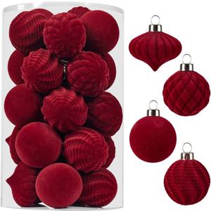 Wironlst Velvet Ornaments for Christmas Tree, 4 Style Flocked Matte Velvet Christmas Ball Ornaments, Shatterproof Decor for Xmas Tree Wedding Holiday Party Home (1.57" 25pcs Burgundy)