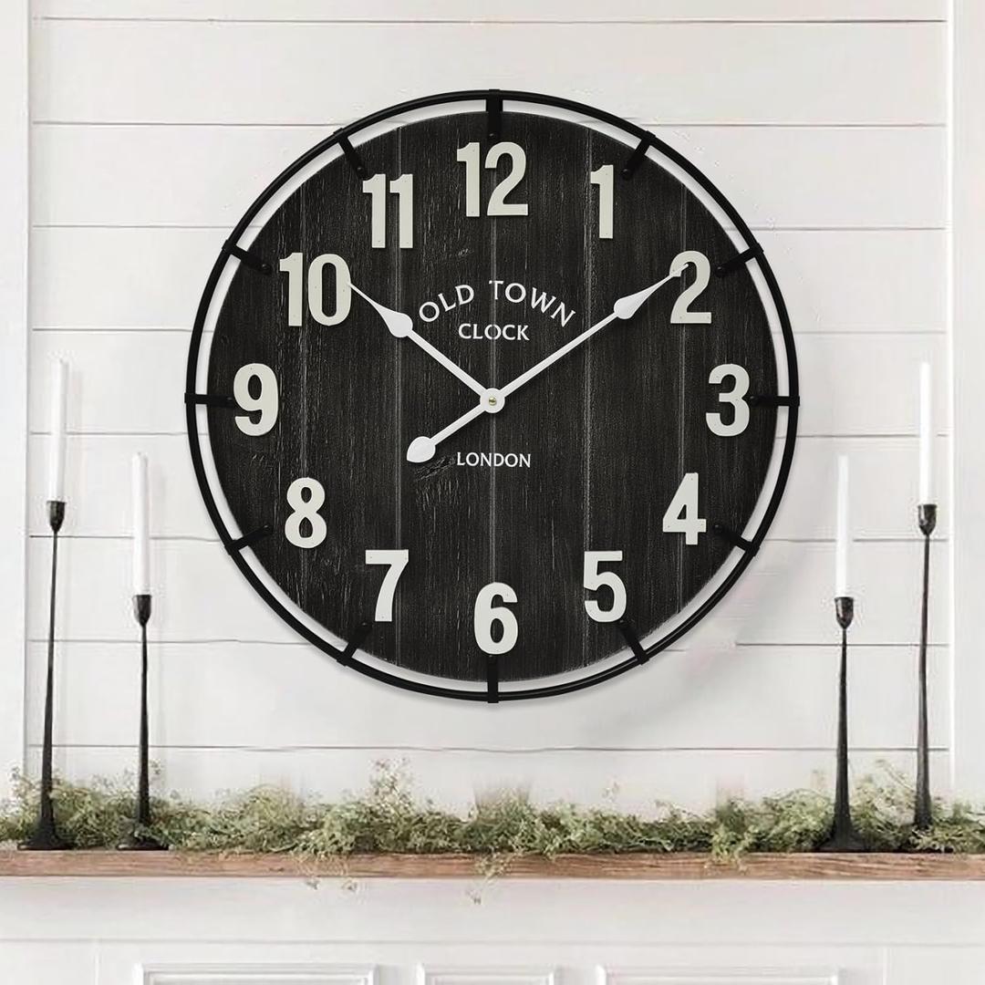 Large Old Town Farmhouse Black Wall Clock 24 Inch Rustic Antique Wood with Metal Circle and Large Numerals Silent Battery Operated Wall Clock for Office Kitchen Bedroom Living Room