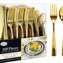 Gold Plastic Silverware Set, 160 Count, Extra Heavy Duty Flatware, Disposable Cutlery Utensils, 80 Forks, 40 Spoons, 40 Knives, Polished Gold, Bulk Pack