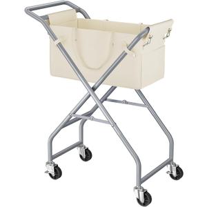 No-Bend Laundry Cart- Rolling Hamper with Locking Wheels & Handle, Foldable Basket Screw-Free Assembly, Durable Metal Frame & Removable Liner Bag for Bedroom & Bathroom (Beige)