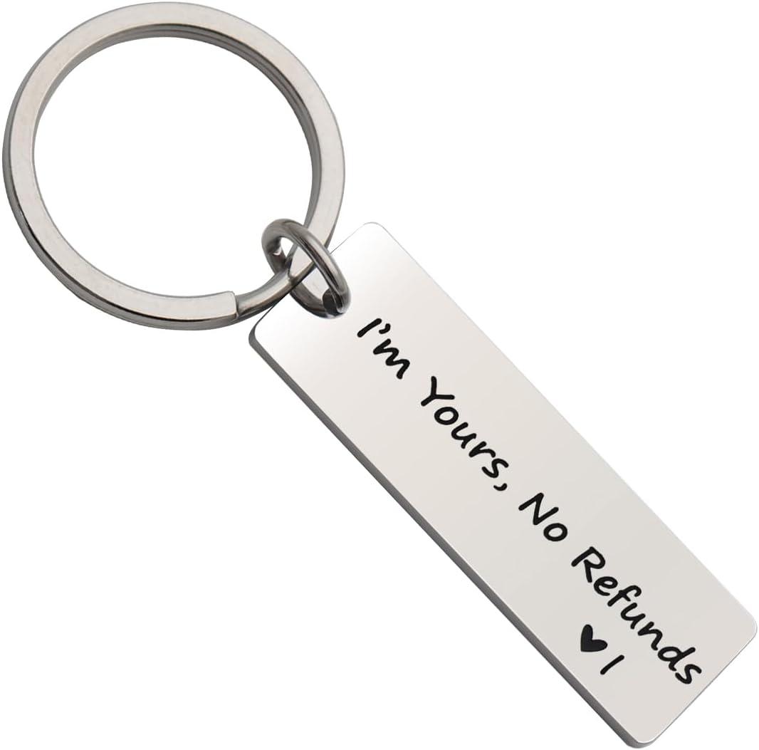 Beeshion Funny Keychain for Couples I'm Yours No Refunds Keychain Engraved Initial Personalized Gift for Husband Boyfriend