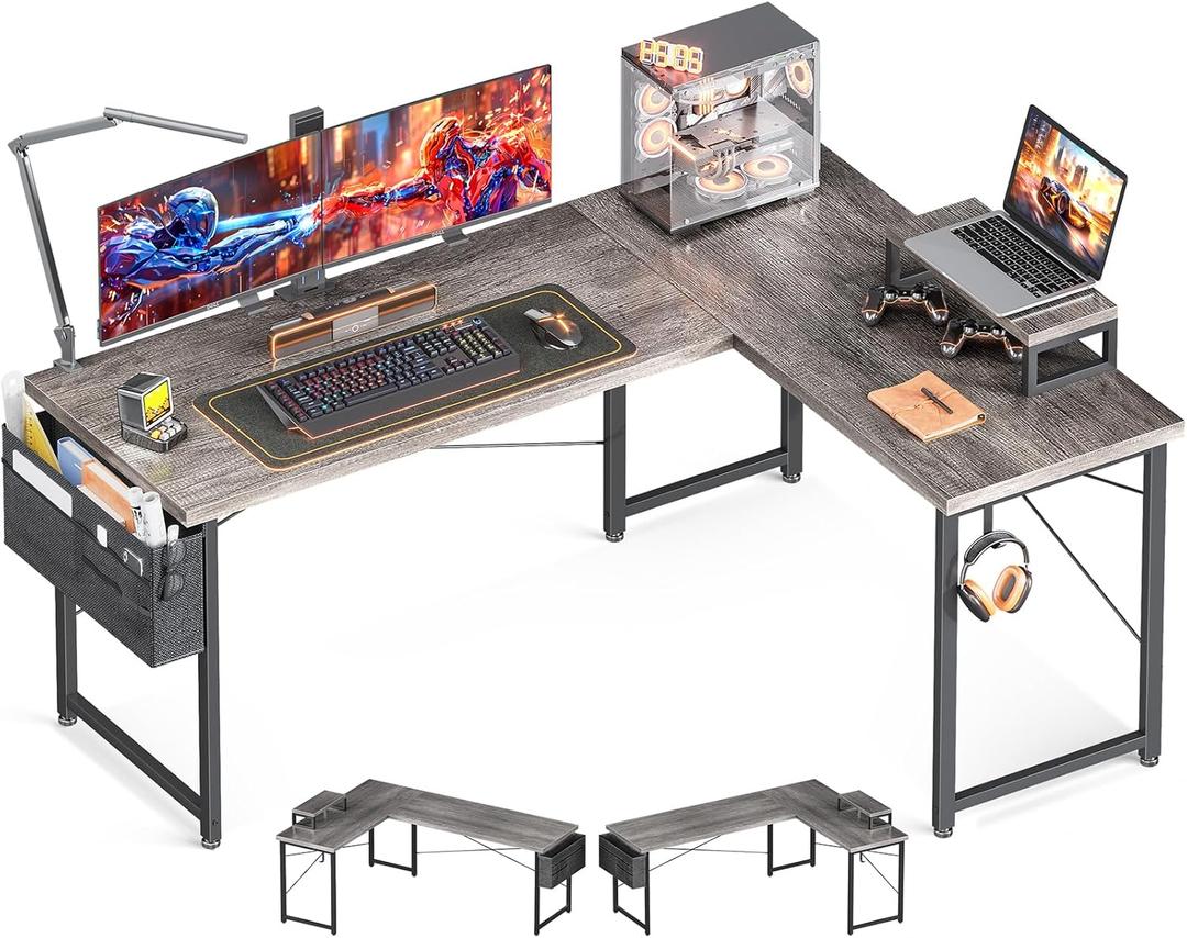Casaottima L Shaped Computer Desk with Storage Bag, 57.5 Inch Reversible Gaming Desk, Home Office Corner Desk with Monitor Shelf, Space-Saving Writing Workstation Table, Easy to Assemble, Grey Oak