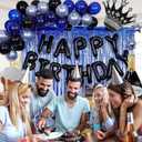 Blue and Black Happy Birthday Decorations for Men,Birthday Decorations with Banner, Fringe Curtains,Foil Balloons, Balloon Kits for 21st,25th 27th 30th 35th 40 50 60th Birthday Decorations