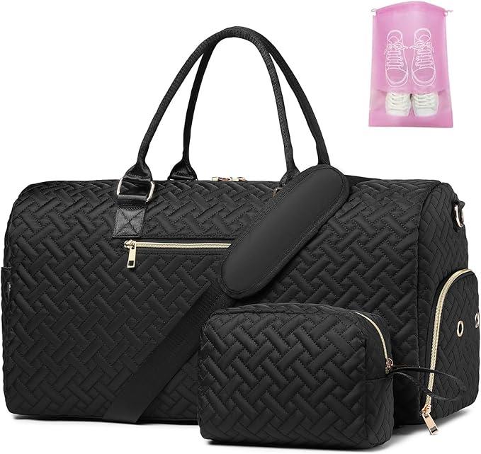 Duffle Bag for Travel, Weekender Bag with Shoe Compartment, Carry On Overnight Bag for Women with Toiletry Bag Duffel Bags with Wet Pocket for Gym Hospital Bags for Labor and Delivery Black