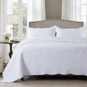 HoneiLife Quilt Set Queen Size - 3 Piece Embroidered Microfiber Bedspread Reversible Coverlet Lightweight Bedcover Paisley Pattern Bedding Set All Season Quilts-White