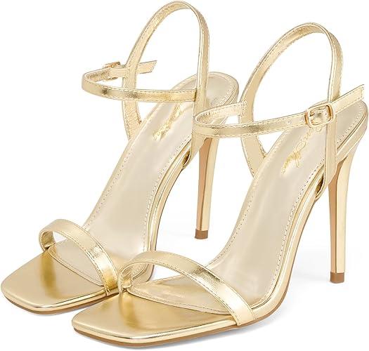 Elisabet Tang Women's High Heeled Sandals 4 Inch Strappy Sling Back Stilettos Open Square Toe Heel with Ankle Straps at Wedding Party Prom Work Gold Size 9