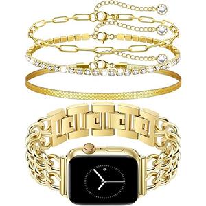JR.DM Gold Watch Band and 3Pc Bracelets Set for Women Compatible with Apple Watch 38/40/41/42/44/45/46/49mm Elegant Metal Strap Jewelry Chain Bracelet for iWatch Series1/2/3/4/5/6/7/8/9/10/11 SE3/2/1