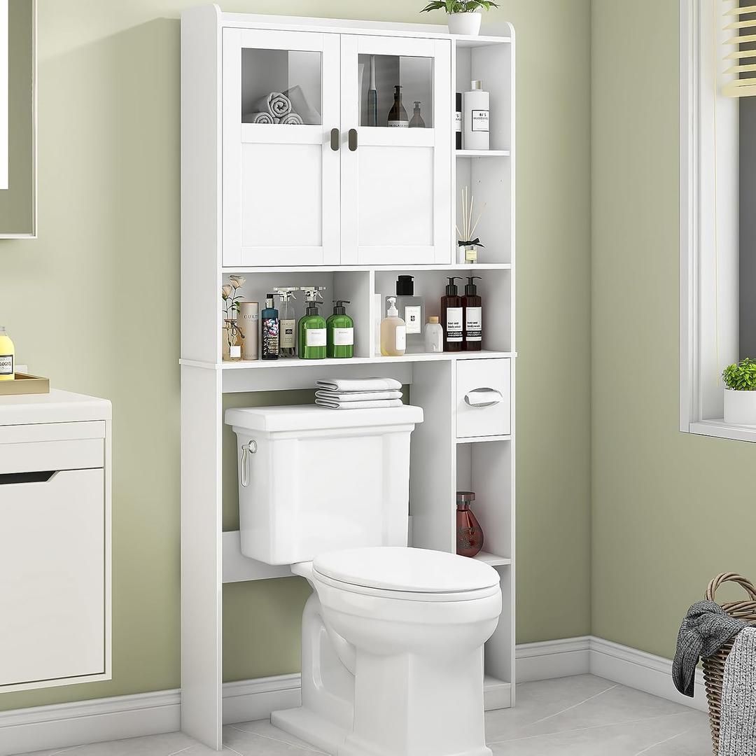 Vabches Over The Toilet Storage Cabinet, Bathroom Shelf Over Toilet with Glass Doors and Adjustable Shelves, White Freestanding Home Space Save Toilet Rack for Restroom, Bathroom, Laundry, W31.69''