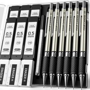 Four Candies Metal Mechanical Pencil Set - 6PCS 0.5mm Art Mechanical Pencils & 360PCS HB Lead Refills & 3PCS Erasers & 9PCS Eraser Refills, Drawing Mechanical Pencils for Writing, Sketching-With Case