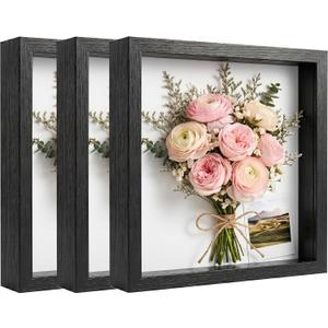 3 Pcs 8 x 8 Shadow Box Frame, Wooden Hollow Picture Frame with Clear Acrylic Front, Memory Display Case Bulk for Photos, Awards, Dried Flowers, Seashells and Memorabilia Decor (Black)