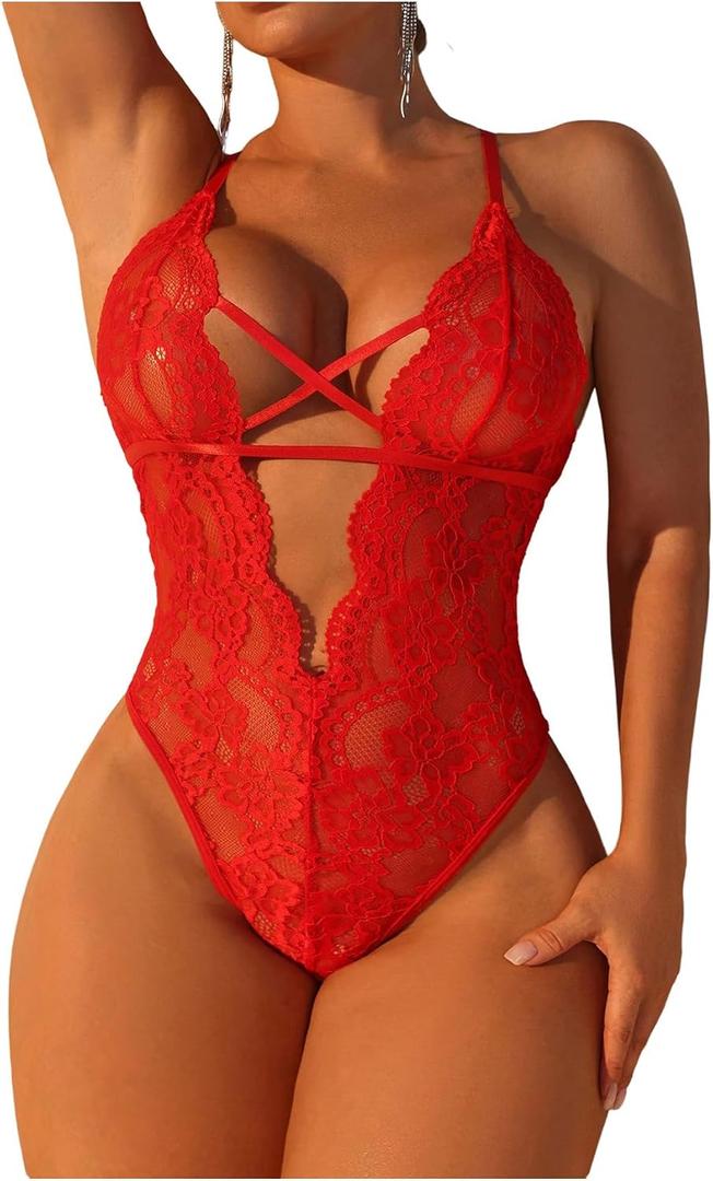 SOLY HUX Women's Floral Lace Criss Cross Lingerie Bodysuit Backless Deep V Neck Sheer Teddy Bodysuits,Small