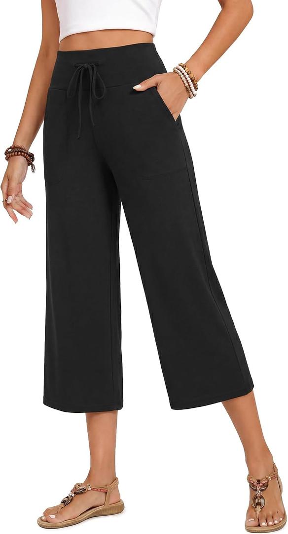 ZOOSIXX Capri Pants for Women - Palazzo Pants Casual Wide Leg Trousers with Pockets Summer High Waisted Drawstring Pants Black, 22in