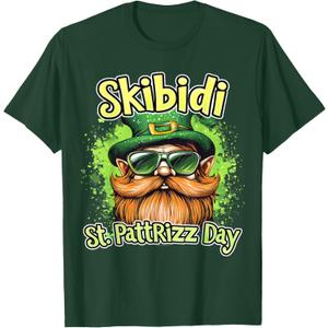Skibidi St Patt Rizz Day Funny Patricks Meme Boy Tween Teen T-Shirt (Small, Dark Green)