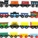 Wondertoys Wooden Train Set 16 PCS Train Toys Magnetic Set Includes Storage Bag - Wooden Track Accessories - Wooden Magnetic Car Set for Toddlers Kids Boys and Girls