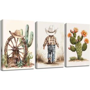XLMDYYSW Western Cowboy Wall Art Set of 3 Nursery Canvas Prints Cactus Desert Poster Picture Cowboy Hats Paintings for Baby Boys Bedroom Children Decor Framed (Brown, 16.00" x 24.00" x 3PCS)