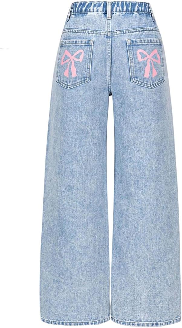 GORGLITTER Girl's Cute Bow Baggy Jeans Wide Leg High Elastic Waisted Y2k Denim Pants Casual Preppy Streetwear, 12Y