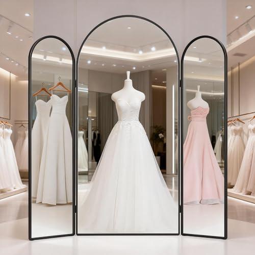 3-Way Trifold Full Length Mirror 71" x 67", Oversized Large Floor Standing Floor Mirror with Tempered Glass, Metal Frame, 3-in-1 Detachable Panel for Bridal Shop, Clothing Store, Closet (Black)