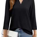 YUCOLEN 3/4 Sleeve Tunic Tops for Women V Neck Collared Shirts Chiffon Work Blouses Dressy Casual S-XXL (Black, XXXL)