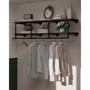 Wall Mounted Clothes Rack 12 Inch Deep, 60 Inch Heavy Duty Garment Rack with Real Walnut Wood Shelf, Multi-Purpose Hanging Rod & Space-Saving Closet Storage Organizer