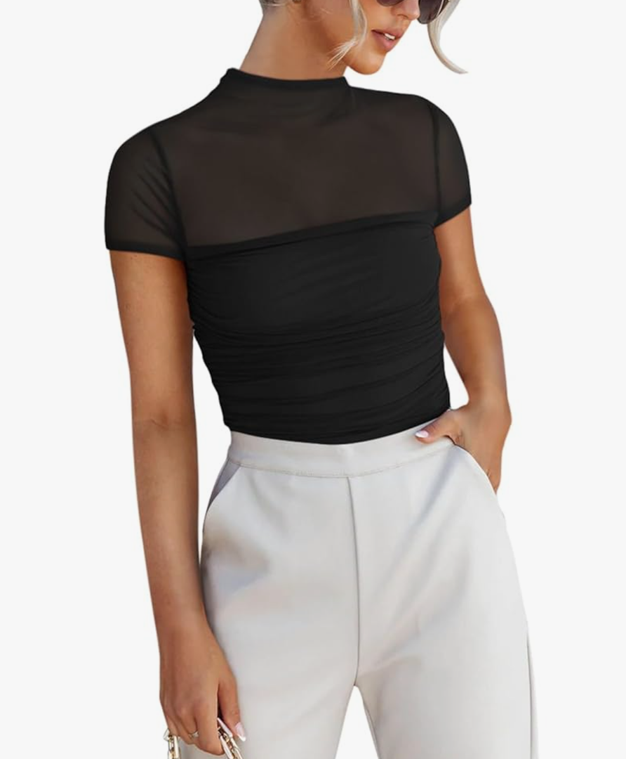 REORIA Women's Sexy Mock Turtle Neck Short Sleeve Shirts Sheer Mesh Ruched Trendy Going Out Bodysuits Top XL