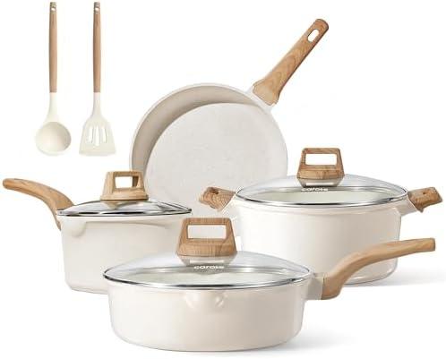 CAROTE Pots and Pans Set Nonstick, White Granite Induction Kitchen Cookware Set, 9 Pcs Non Stick Cooking Set w/Frying Pans & Saucepans