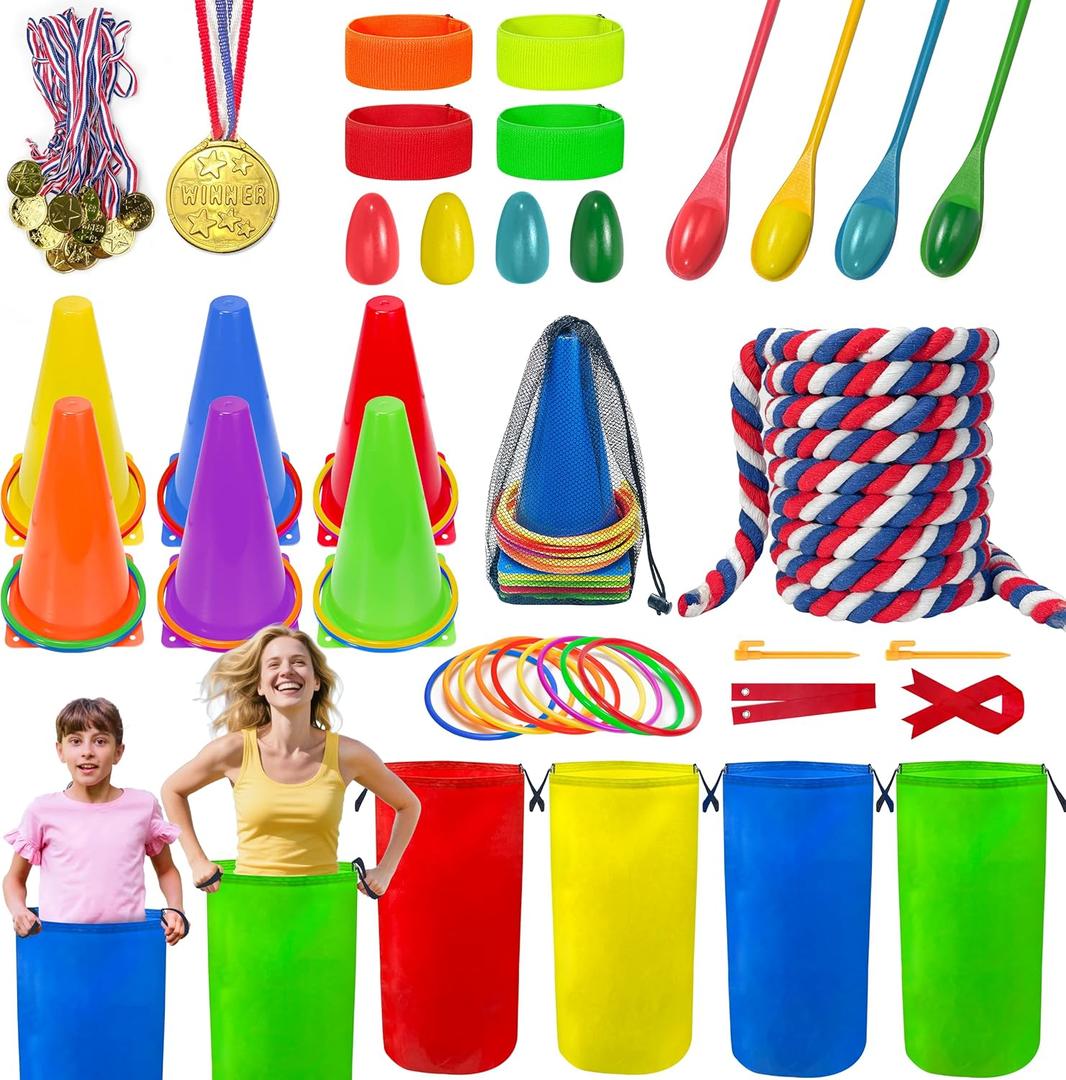 LINAYE Field Day Games Outdoor Activities, Carnival Lawn Yard Picnic Family Reunion Games Tug of War Rope Sack Race Bags for Adults and Kids Ring Toss Egg and Spoon 3 Legged Race for Birthday Party