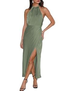 BEOVR 2025 Summer Satin Halter Neck Backless Slit Midi Dresses Elegant Cowl Back Ruched Wedding Guest Maxi Dress for Women Sage, S