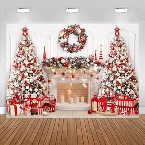 Mocsicka Christmas Fireplace Backdrop White Red Christmas Tree Photography Background Winter Christmas Family Kids Holiday Party Banner Decorations Photo Booth Props (Red, 7x5ft(82''x60''))